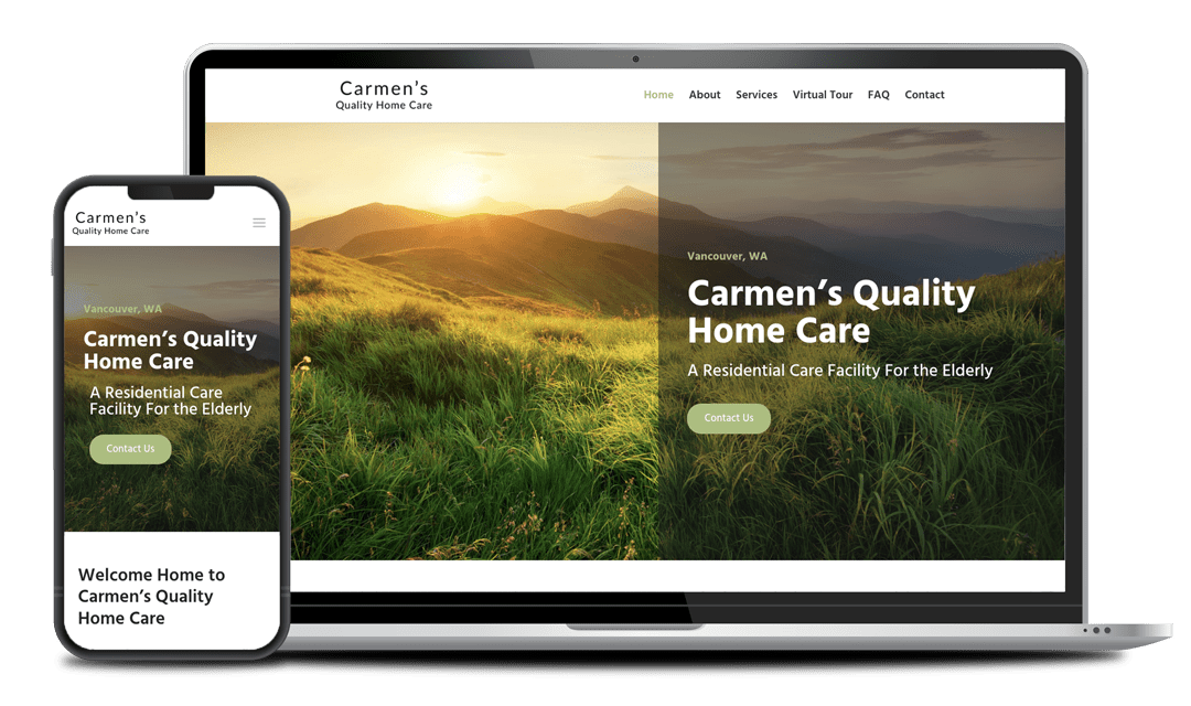care-home-hero A laptop and smartphone displaying the homepage of Carmen's Quality Home Care website, highlighting its services as a residential care facility for the elderly, set against a scenic landscape background.