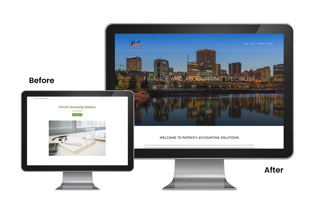 Side-by-side computer screens labeled "Before" and "After," showing the redesign of an accounting website from a simple layout to a modern cityscape-themed homepage.