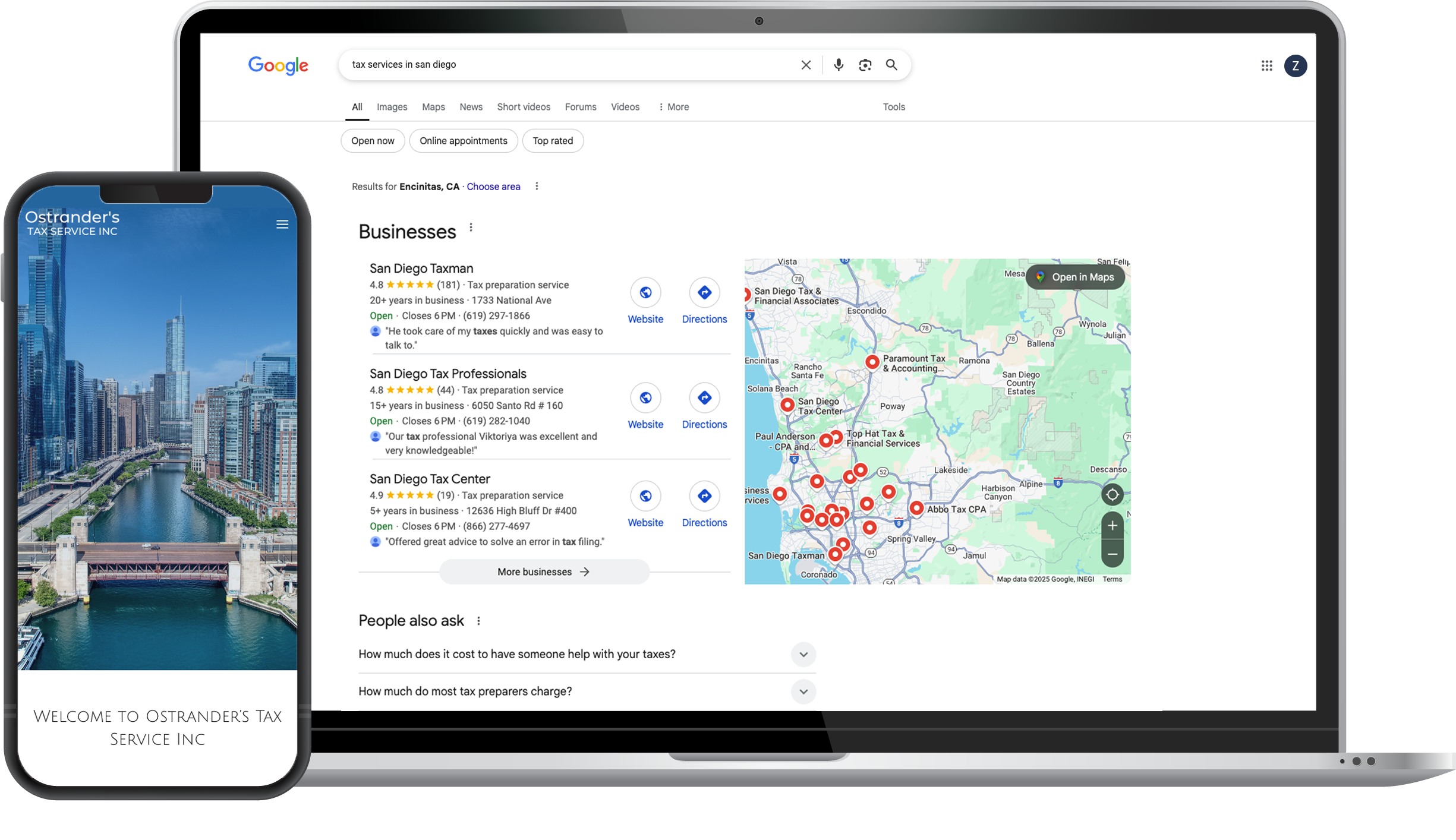 tax-prep-laptop-phone-mockup A smartphone displays a welcome screen for Ostranders Tax Service, Inc.; behind it, a laptop shows Google search results for tax services in San Diego, including a map.